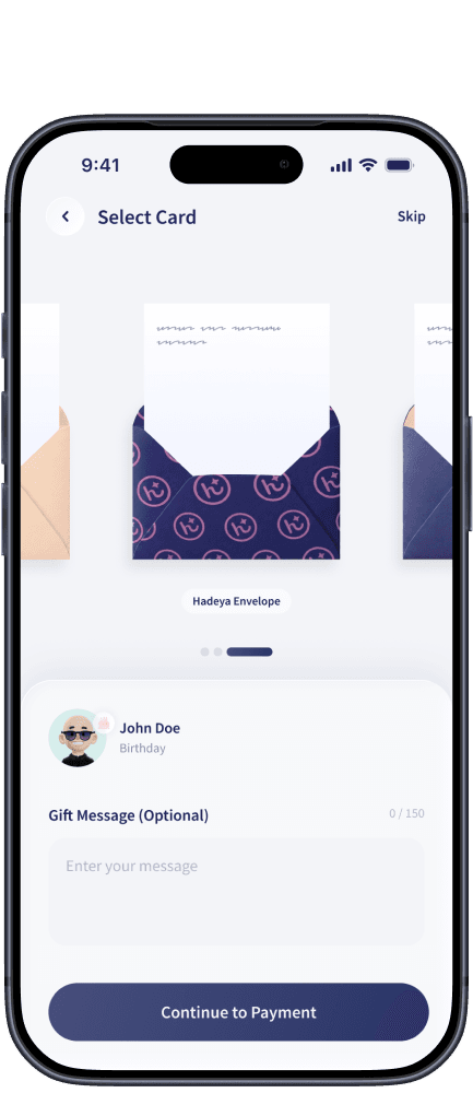 Hadeya app preview of a personalized gift card